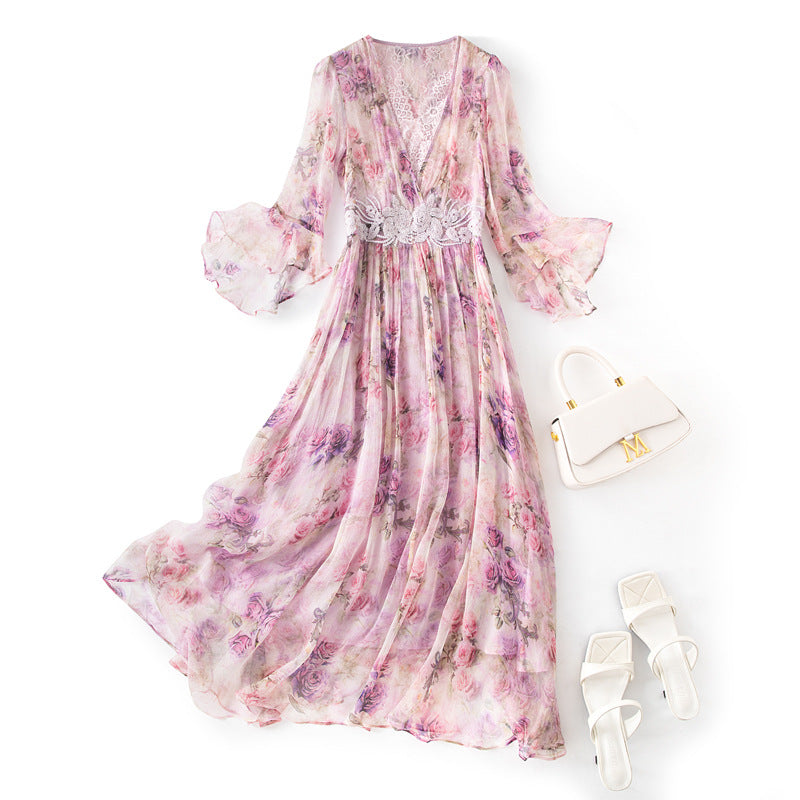 Sweet Style Floral Silk Dress Women's Fitted Slimming Ruffle Sleeve Dress