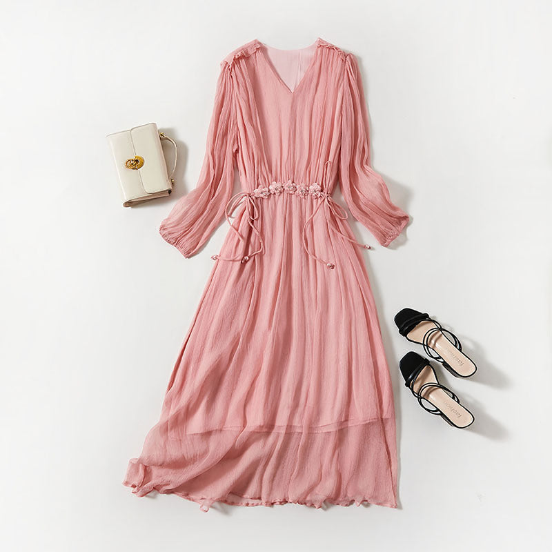 Elegant V-Neck OL Style Silk Long Dress, Solid Color Minimalist Pure Silk Dress, Long Sleeve