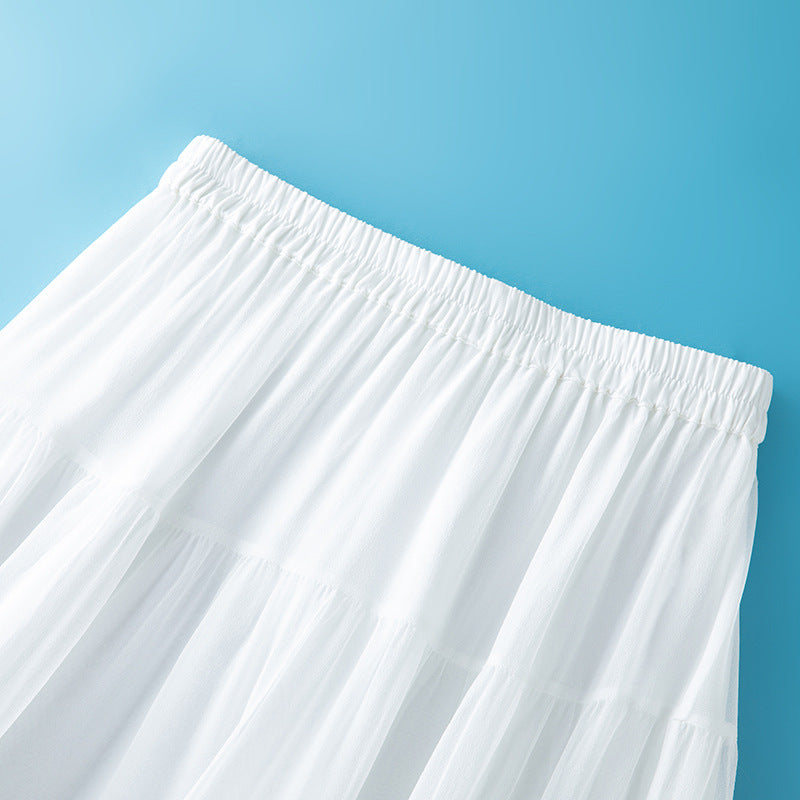 Elegant White Silk and Lace Patchwork Embroidered Solid Color Elastic Waist Flared Skirt
