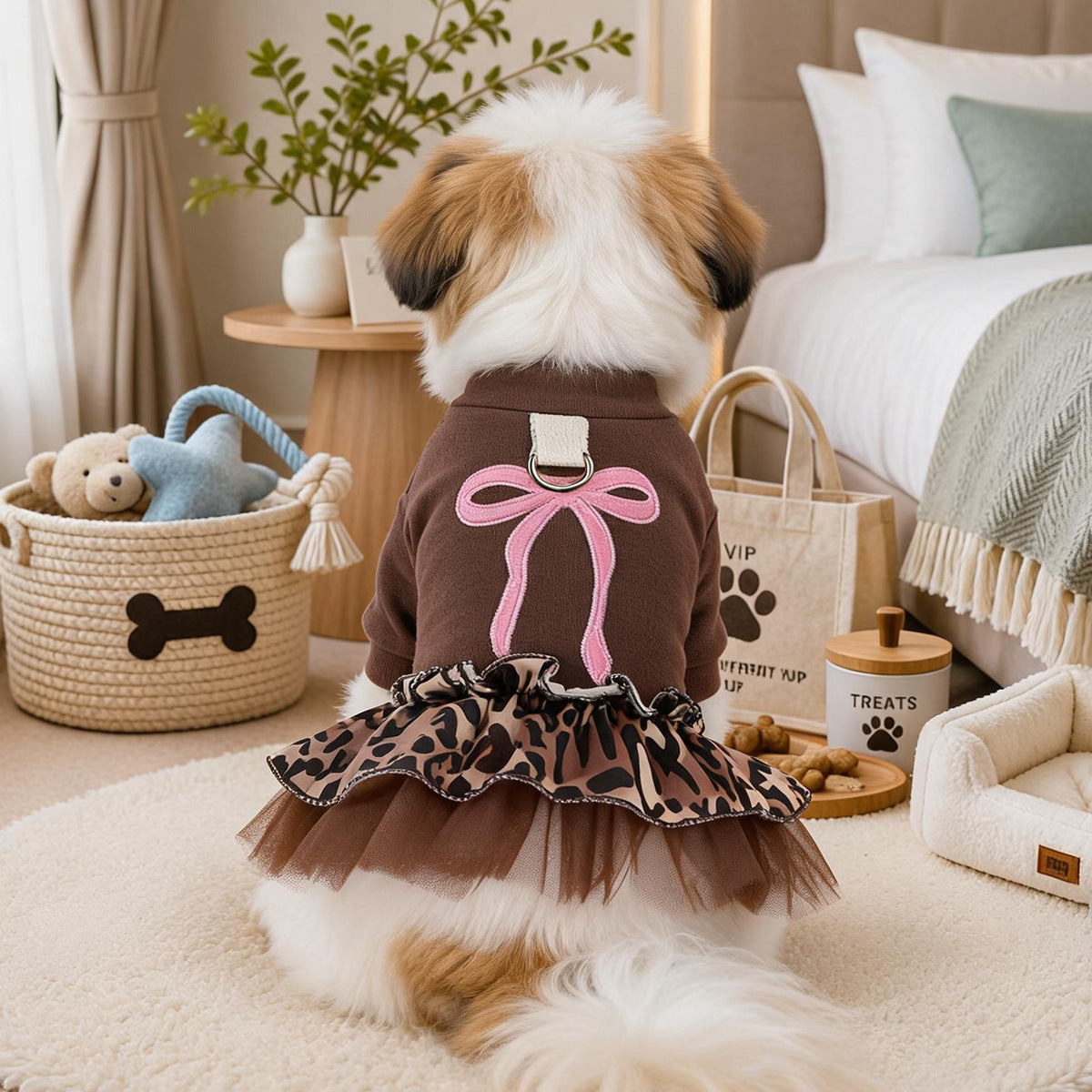 Pet Clothes Spring Autumn Small Dog Puppy Windproof Warm Bohemian Style Leopard Print Sweet Dress