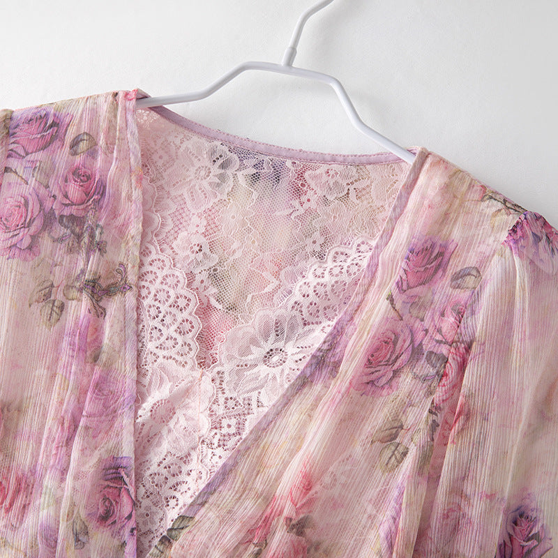Sweet Style Floral Silk Dress Women's Fitted Slimming Ruffle Sleeve Dress