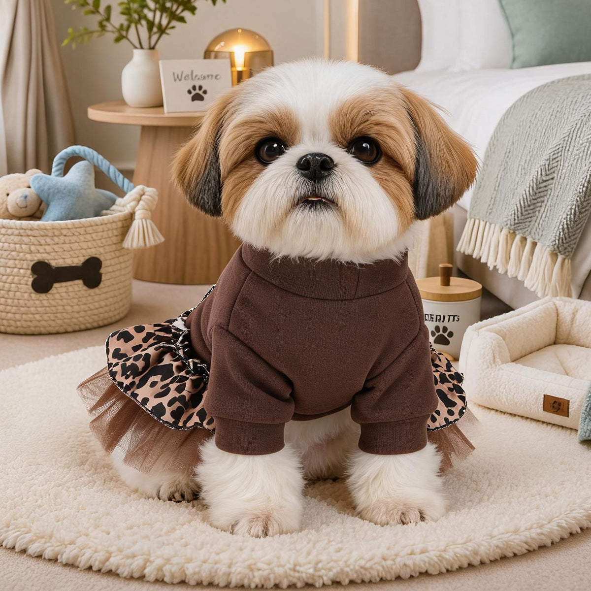 Pet Clothes Spring Autumn Small Dog Puppy Windproof Warm Bohemian Style Leopard Print Sweet Dress