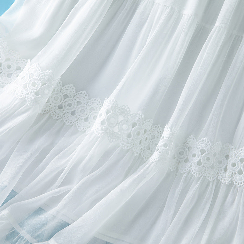 Elegant White Silk and Lace Patchwork Embroidered Solid Color Elastic Waist Flared Skirt