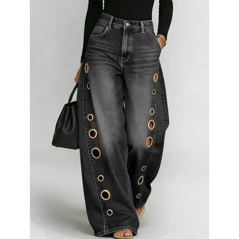 New jeans for women, metal eyelet design, casual loose high-waisted wide-leg jeans