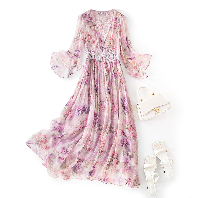 Sweet Style Floral Silk Dress Women's Fitted Slimming Ruffle Sleeve Dress
