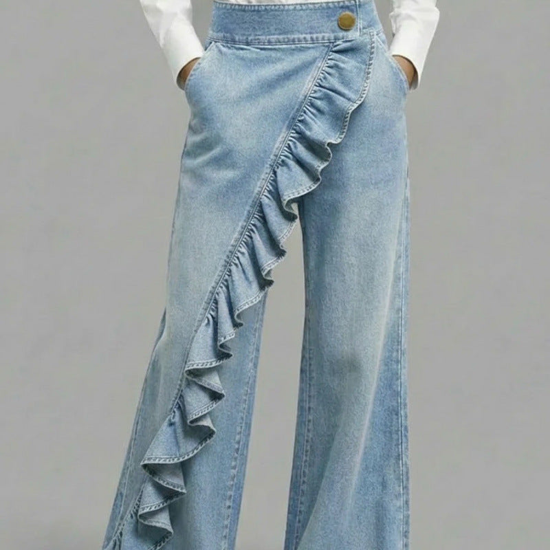 Vintage Irregular Mid-Waist Genuine Denim Pants for WomenSpring and Summer Fashion
