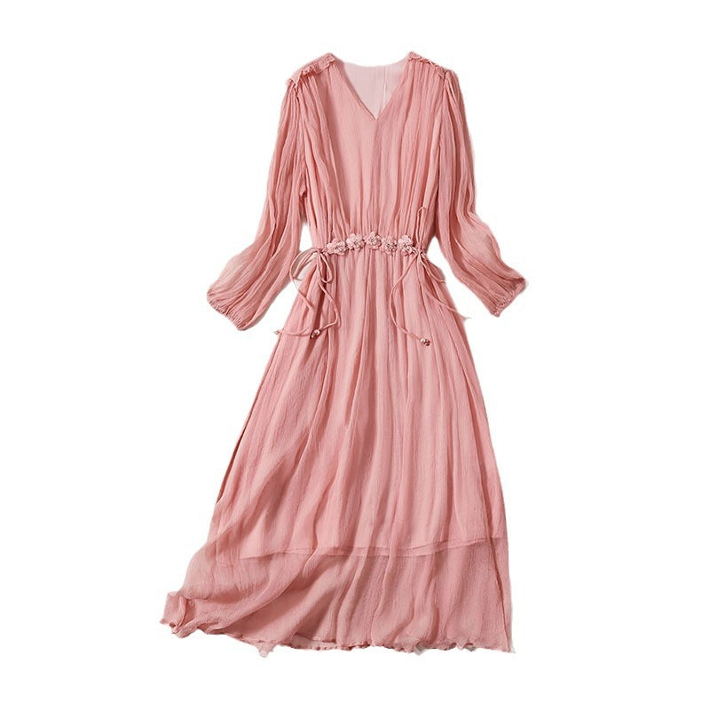 Elegant V-Neck OL Style Silk Long Dress, Solid Color Minimalist Pure Silk Dress, Long Sleeve