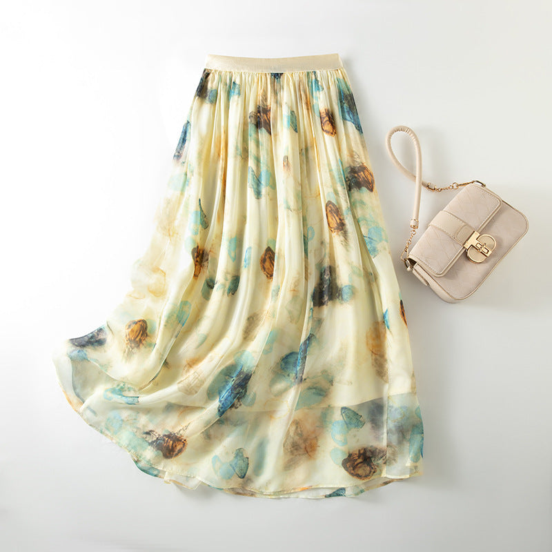 Stylish Lightweight Chiffon Long Skirt with Delicate Peony Print Summer  Fashionable Casual Dress