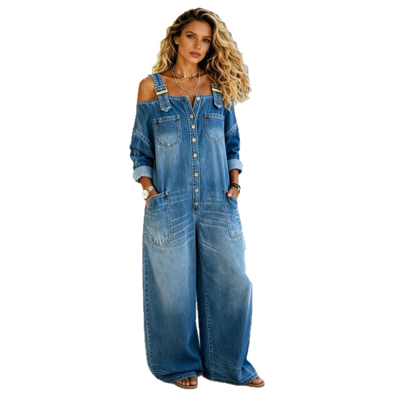 Women's summer casual washed denim wide-leg overalls pants