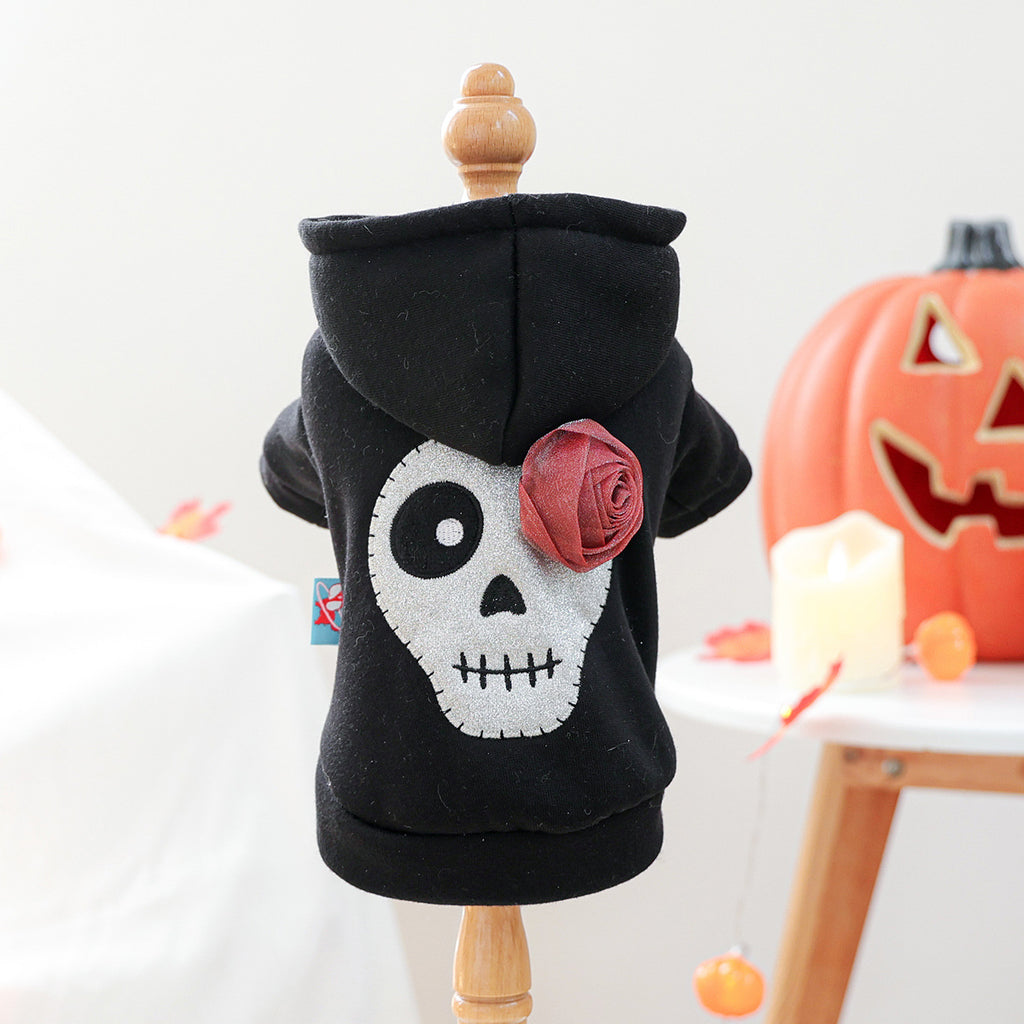 Pet Clothes for Small Dogs and Puppies, Dark Style Festival Outfit, Silver Skull Halloween Hoodie
