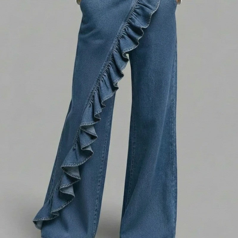 Vintage Irregular Mid-Waist Genuine Denim Pants for WomenSpring and Summer Fashion