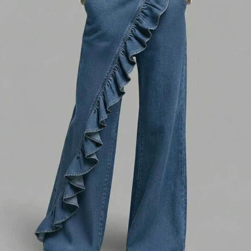 Vintage Irregular Mid-Waist Genuine Denim Pants for WomenSpring and Summer Fashion