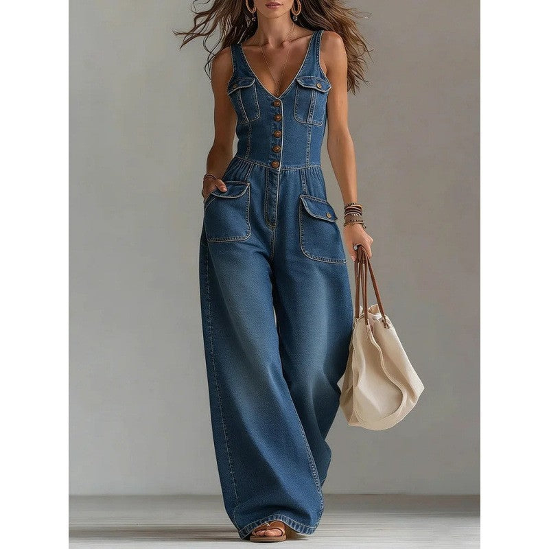 Washed Denim Straight Loose Sleeveless Strap Jumpsuit