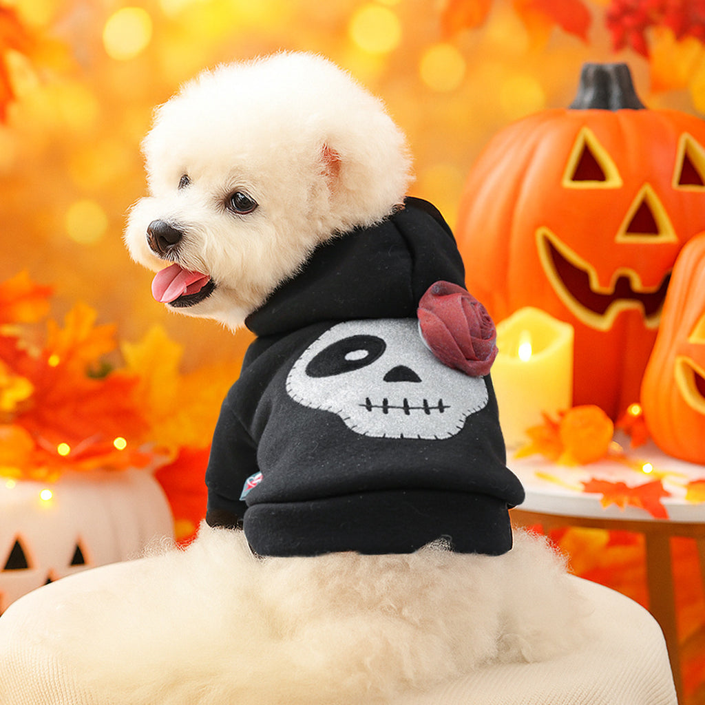 Pet Clothes for Small Dogs and Puppies, Dark Style Festival Outfit, Silver Skull Halloween Hoodie