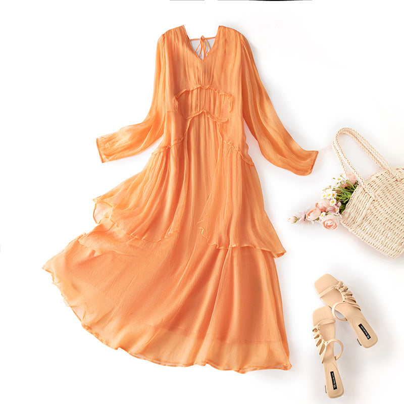 Babier Women's Summer New Silk Dress Beach Vacation Mulberry Silk Beach Long Dress