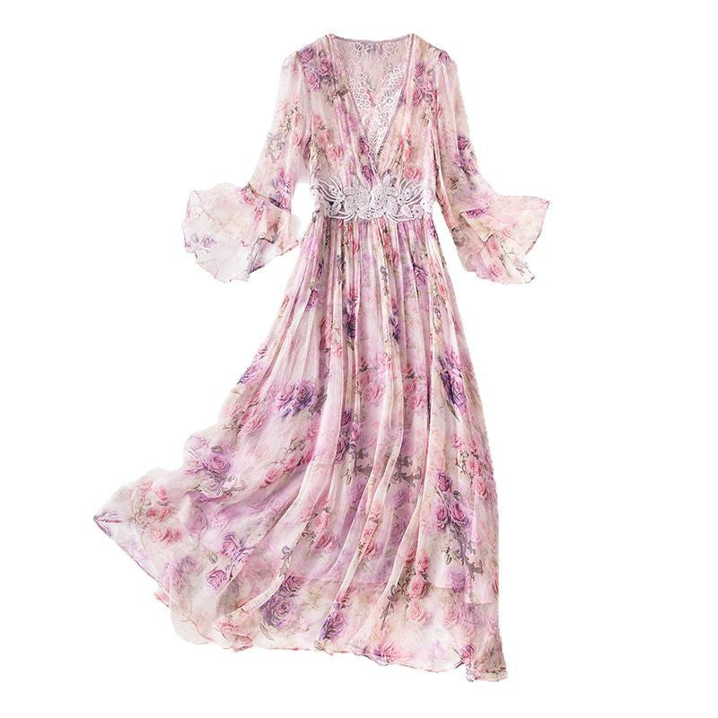 Sweet Style Floral Silk Dress Women's Fitted Slimming Ruffle Sleeve Dress