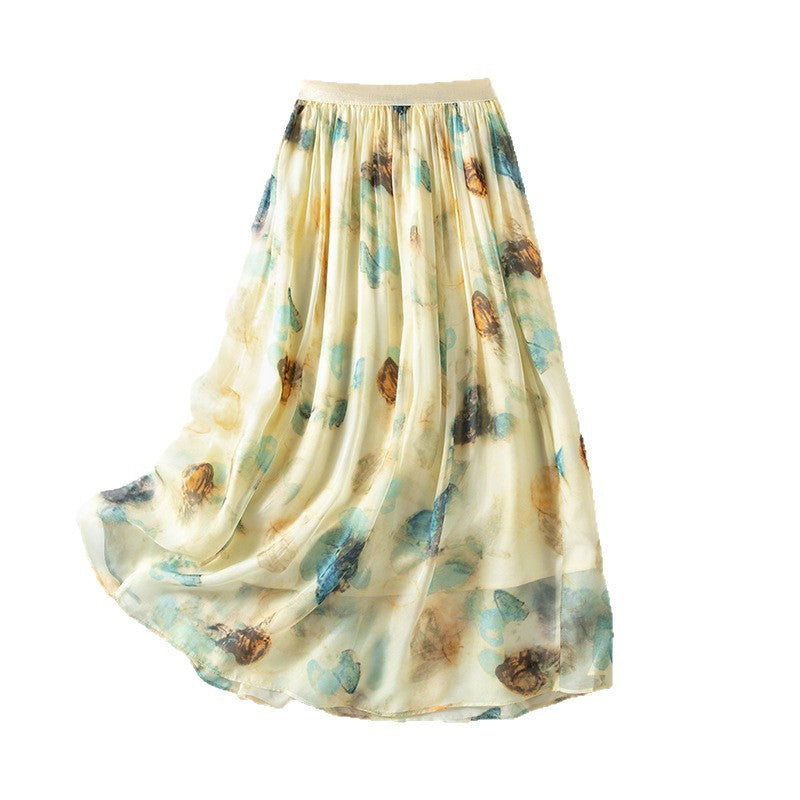 Stylish Lightweight Chiffon Long Skirt with Delicate Peony Print Summer  Fashionable Casual Dress