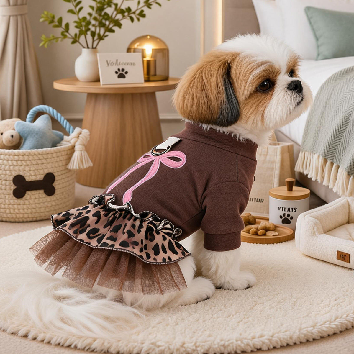 Pet Clothes Spring Autumn Small Dog Puppy Windproof Warm Bohemian Style Leopard Print Sweet Dress
